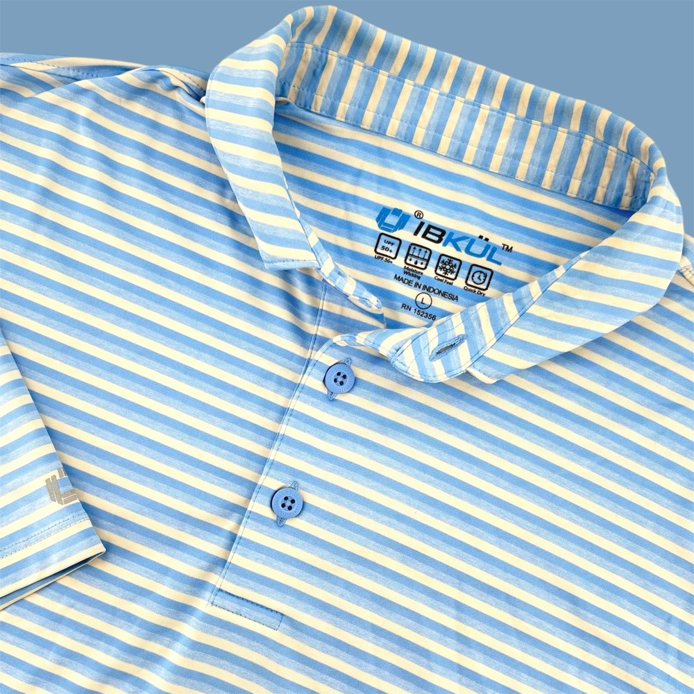 IBKUL Mens Golf Polo Shirt‎ Blue Stripe UPF 50 Moisture Wicking Quick Dry Size L